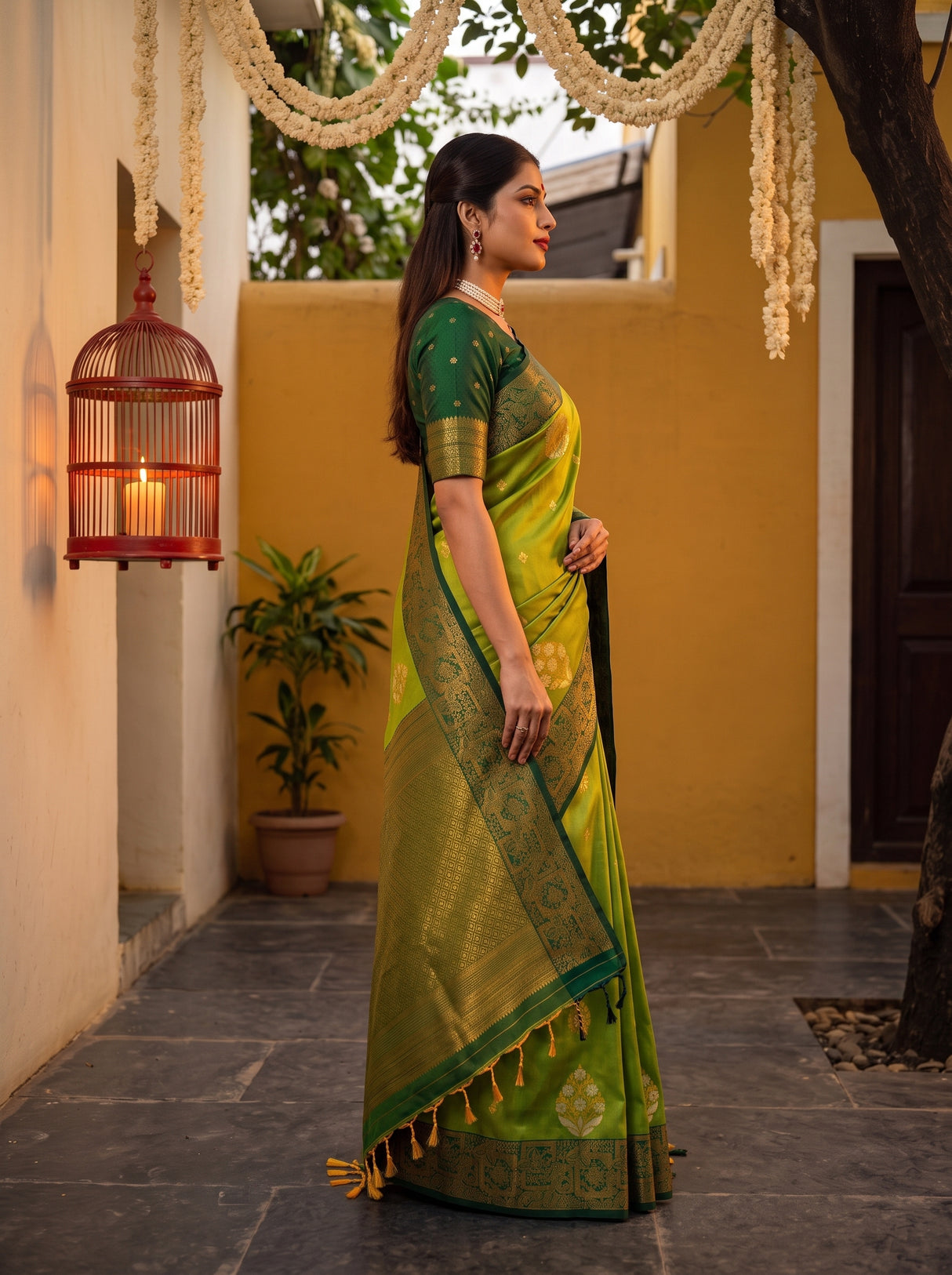 MIMOSA Olive Kanjivaram Art Silk Saree — AI Model lifestyle pose
