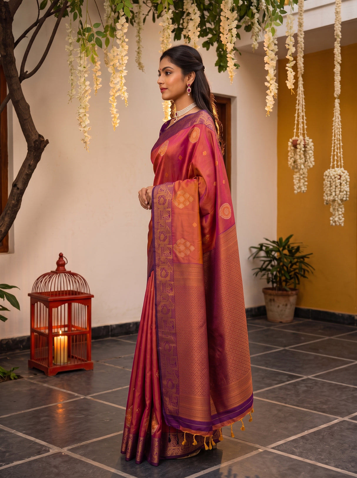 MIMOSA Peach Kanjivaram Art Silk Saree — AI Model lifestyle pose