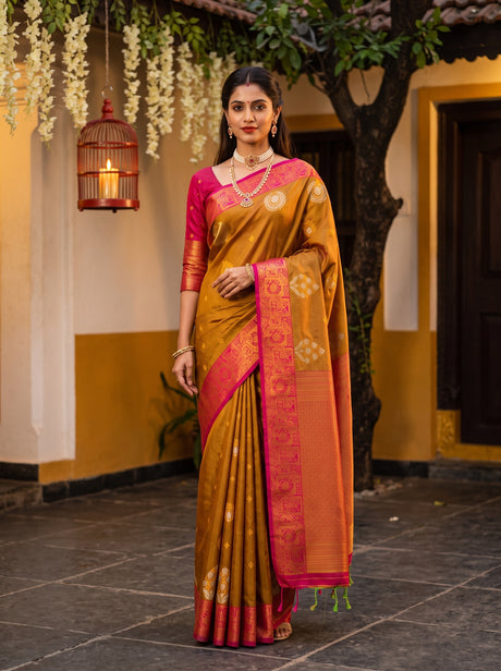 MIMOSA Rust Kanjivaram Art Silk Saree — Model draped