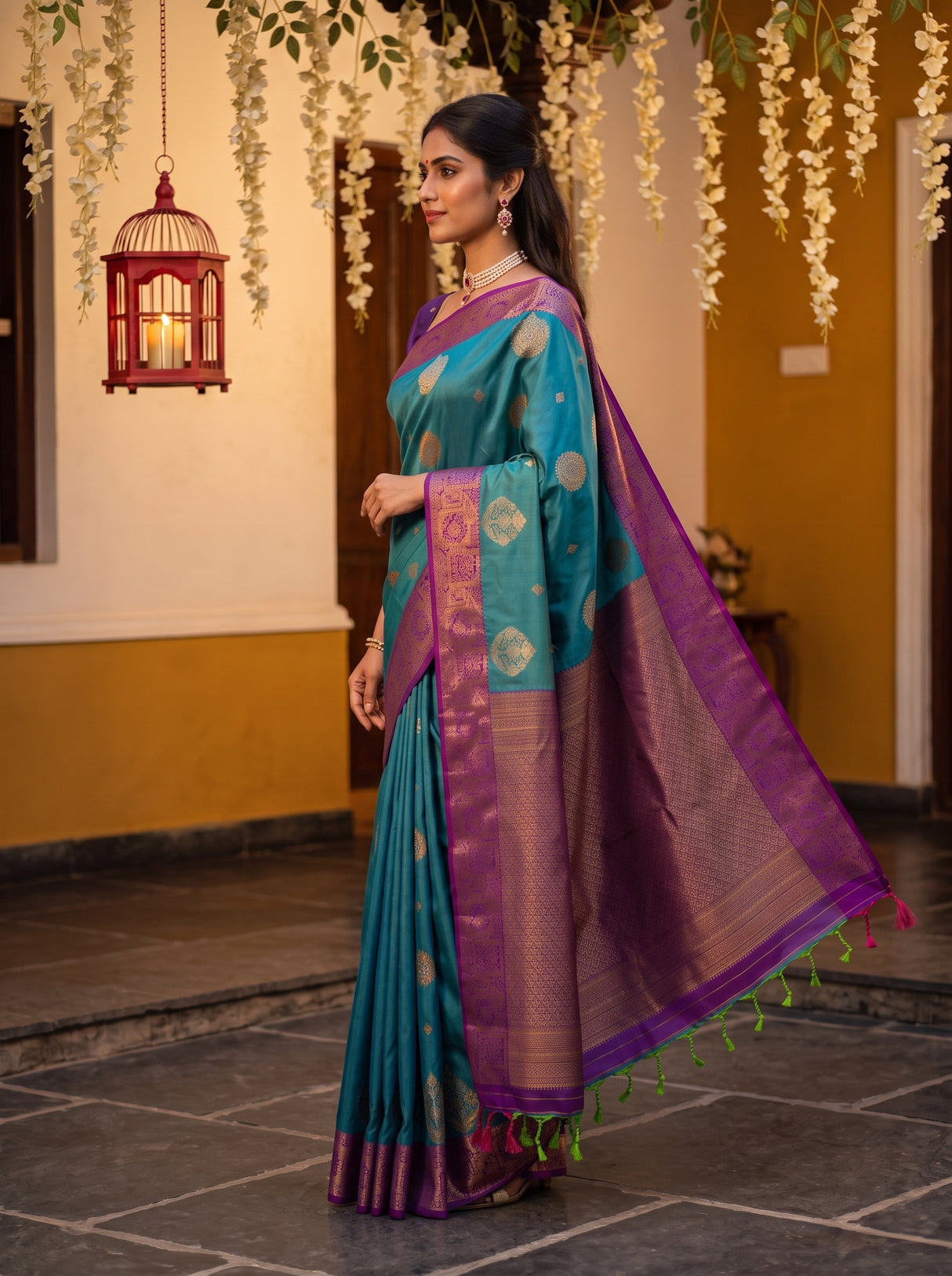 MIMOSA Sapphire Kanjivaram Art Silk Saree — AI Model lifestyle pose