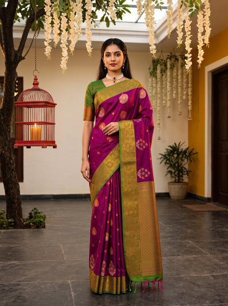 MIMOSA Wine Kanjivaram Art Silk Saree — Model draped