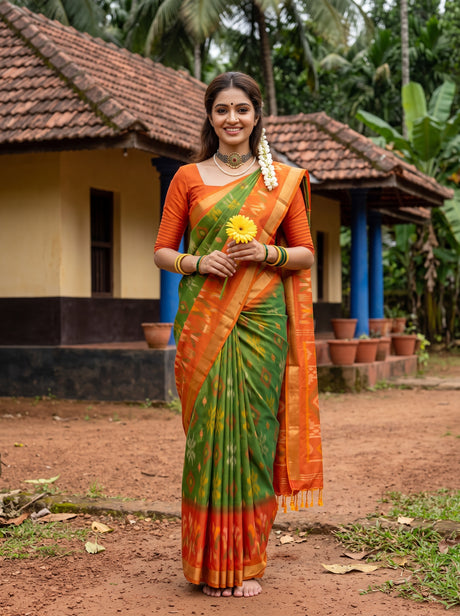 MIMOSA Green Saree Saree — front view on mannequin