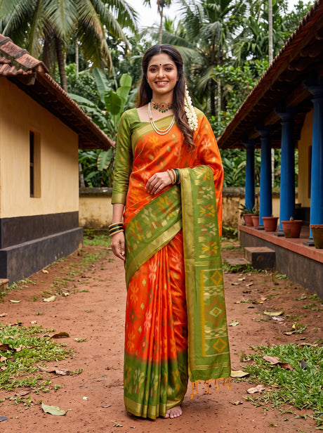MIMOSA Orange Saree Saree — front view on mannequin