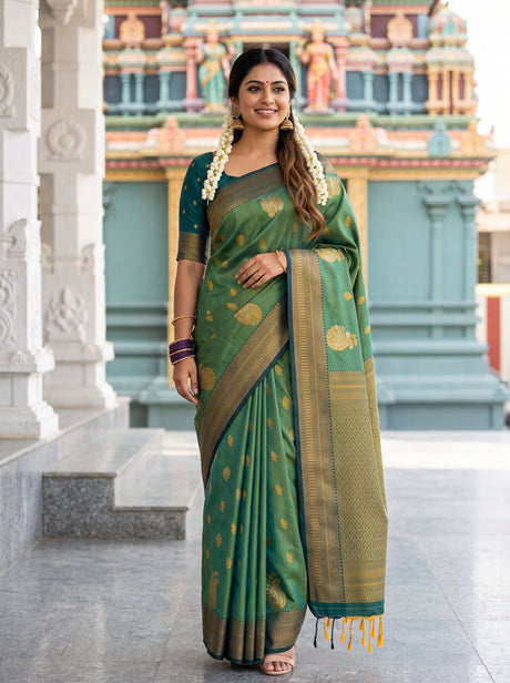 MIMOSA Green Saree Saree — front view on mannequin