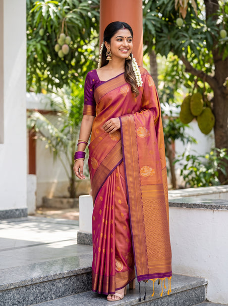 MIMOSA Peach Saree Saree — front view on mannequin