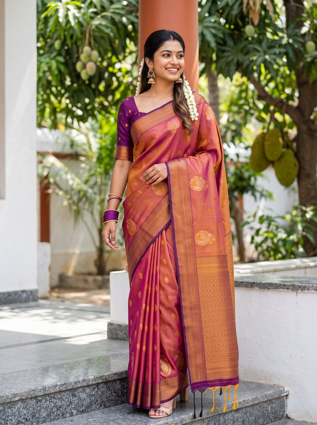 MIMOSA Peach Saree Saree — front view on mannequin