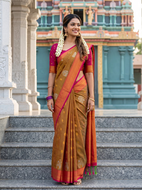MIMOSA Rust Saree Saree — front view on mannequin