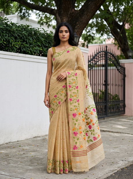 MIMOSA Chiku Banarasi Linen Saree — AI Model lifestyle pose