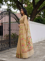 MIMOSA Chiku Banarasi Linen Saree — pose 3 styling detail