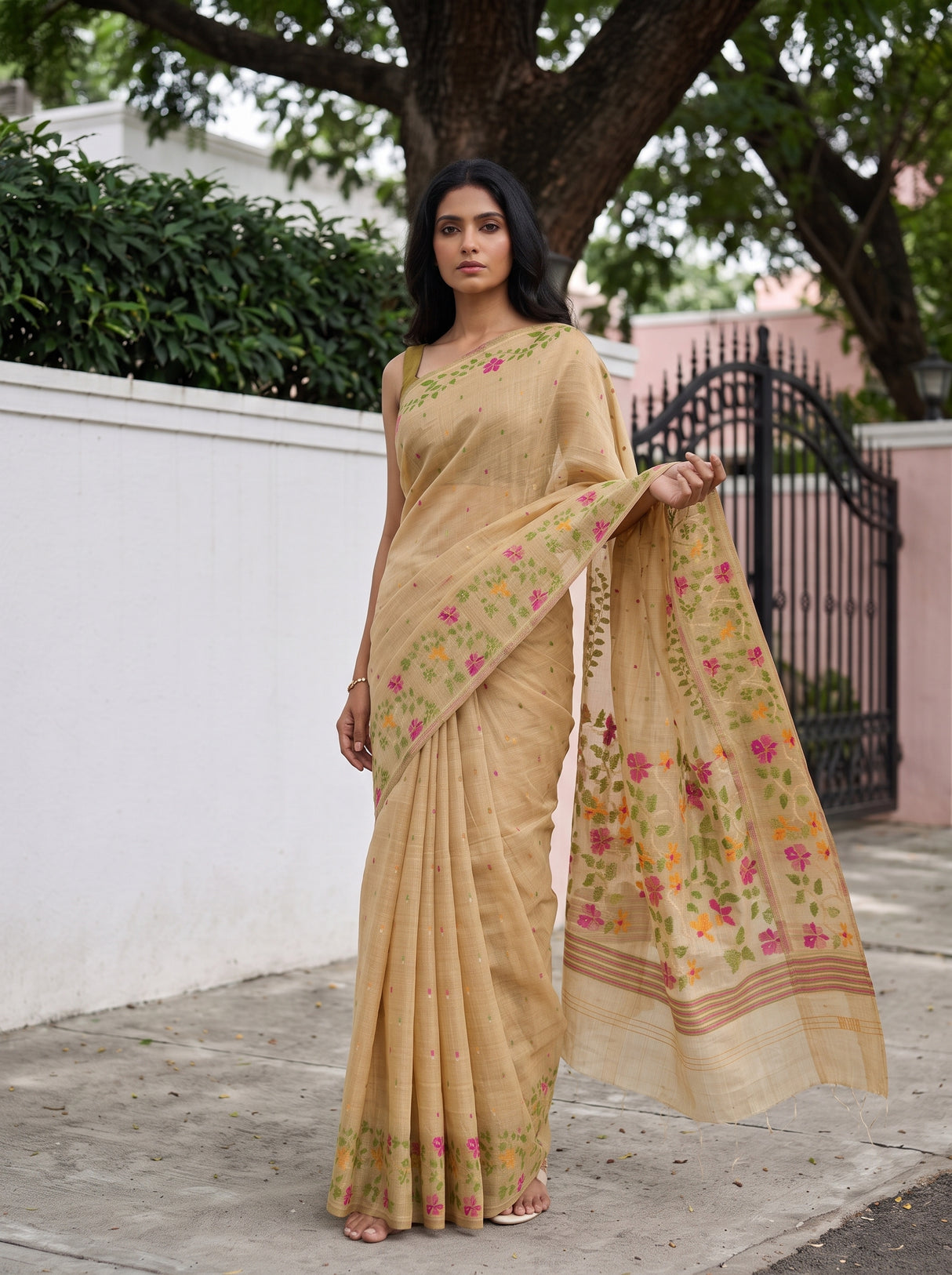 MIMOSA Chiku Banarasi Linen Saree — pose 6 styling detail