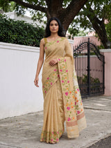 MIMOSA Chiku Banarasi Linen Saree — pose 7 styling detail