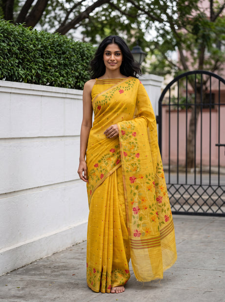 MIMOSA Gold Banarasi Linen Saree — AI Model lifestyle pose