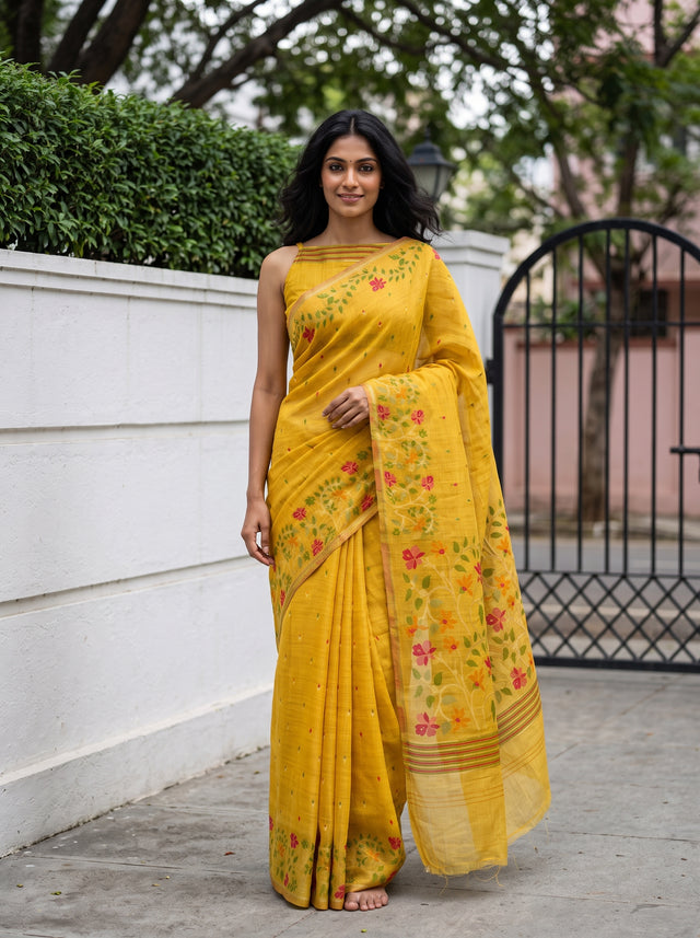 MIMOSA Gold Banarasi Linen Saree — AI Model lifestyle pose