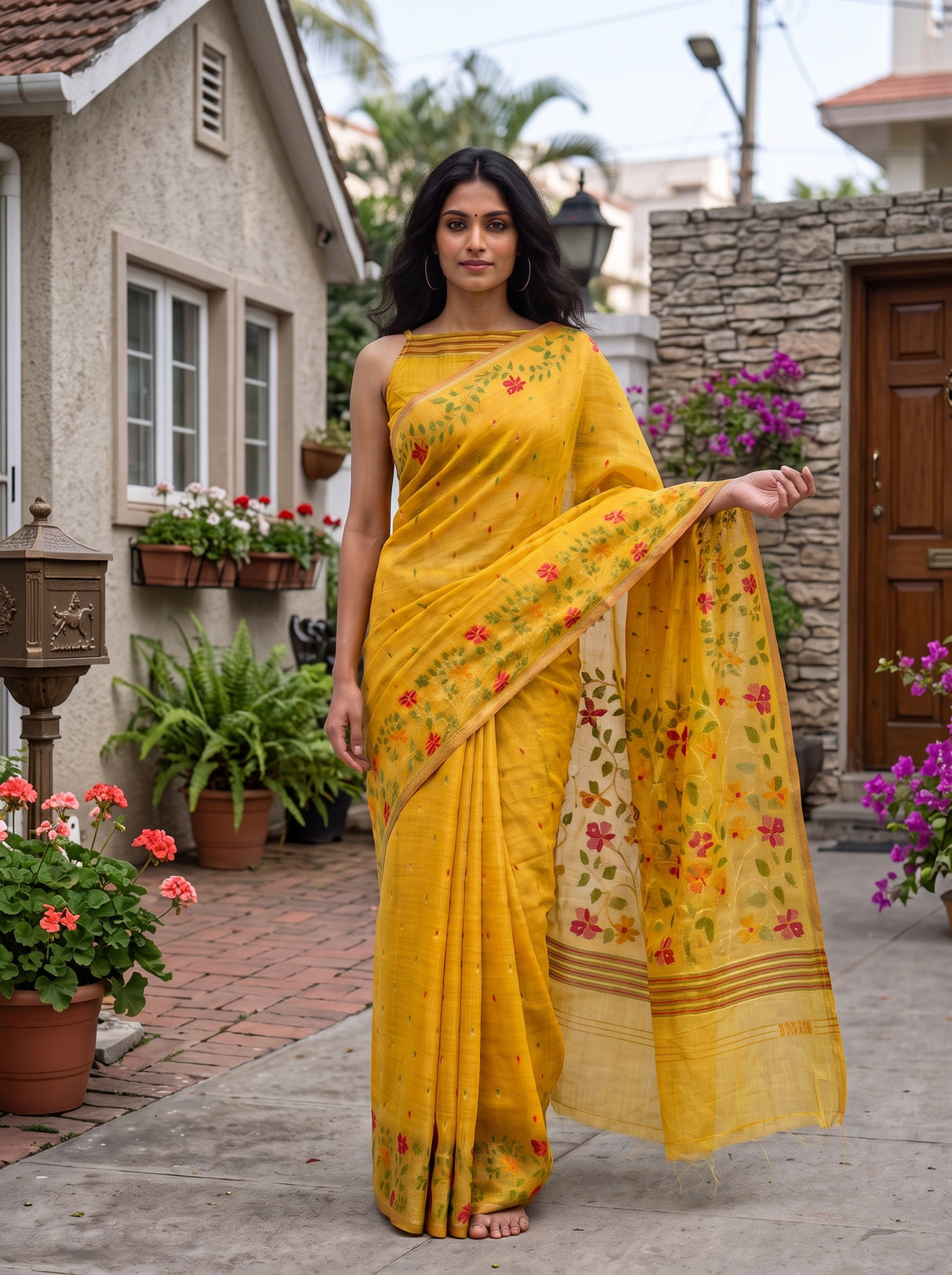 MIMOSA Gold Banarasi Linen Saree — pose 6 styling detail