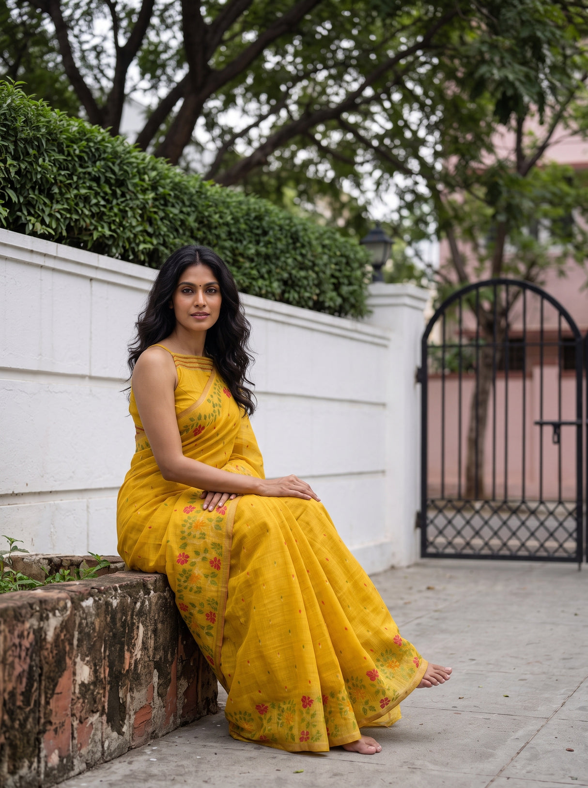 MIMOSA Gold Banarasi Linen Saree — pose 8 styling detail