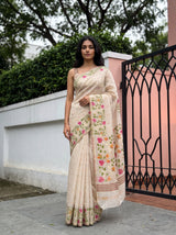 MIMOSA Half White Banarasi Linen Saree — AI Model lifestyle pose