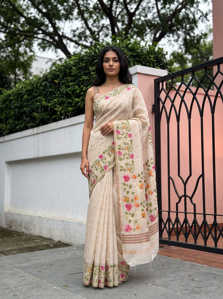 MIMOSA Half White Banarasi Linen Saree — AI Model lifestyle pose
