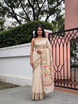MIMOSA Half White Banarasi Linen Saree — pose 10 styling detail