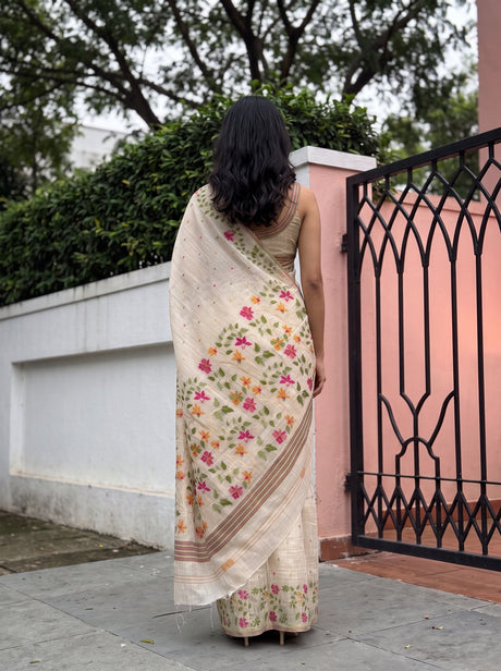 MIMOSA Half White Banarasi Linen Saree — Saree shot pallu body