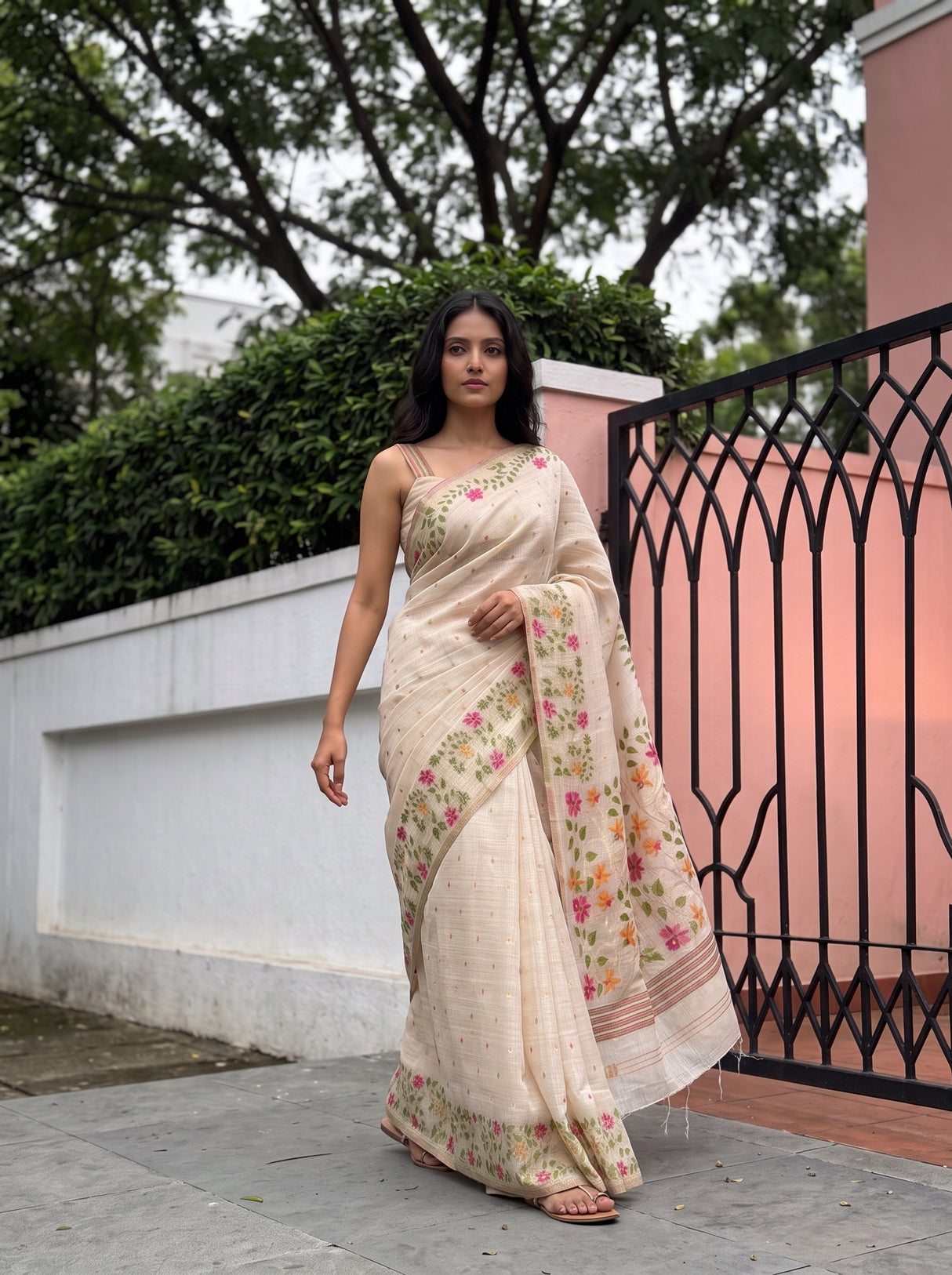 MIMOSA Half White Banarasi Linen Saree — pose 7 styling detail