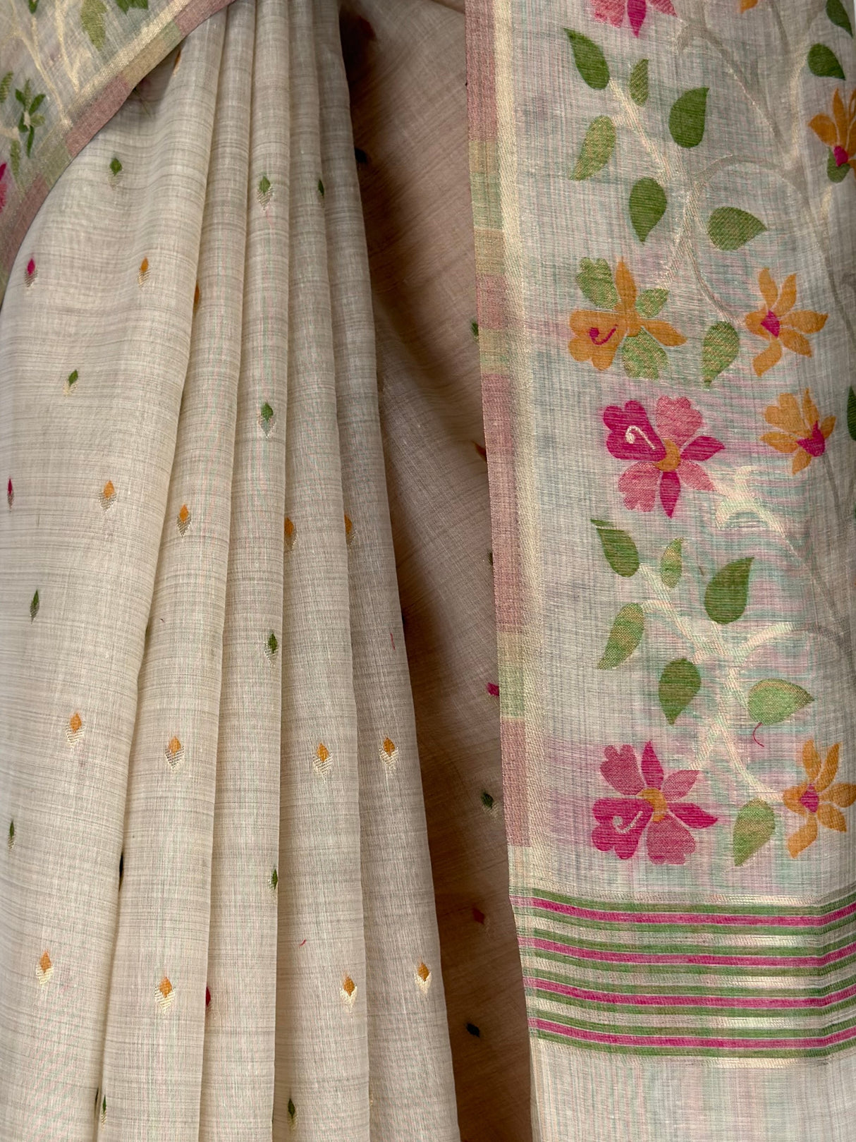 MIMOSA Half White Banarasi Linen Saree — fleets shot full lifestyle