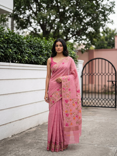 MIMOSA Pink Banarasi Linen Saree — AI Model lifestyle pose