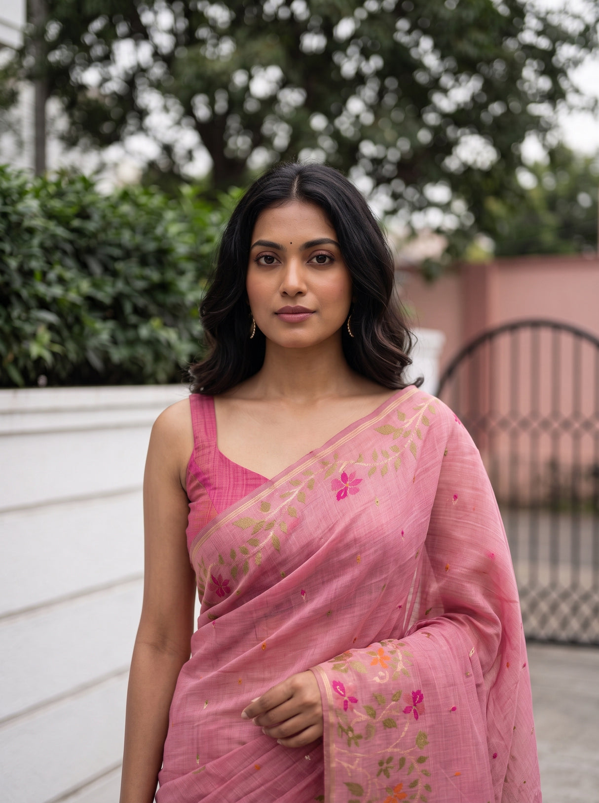 MIMOSA Pink Banarasi Linen Saree — pose 10 styling detail