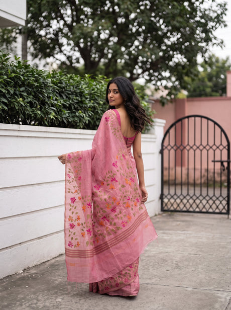 MIMOSA Pink Banarasi Linen Saree — Saree shot pallu body