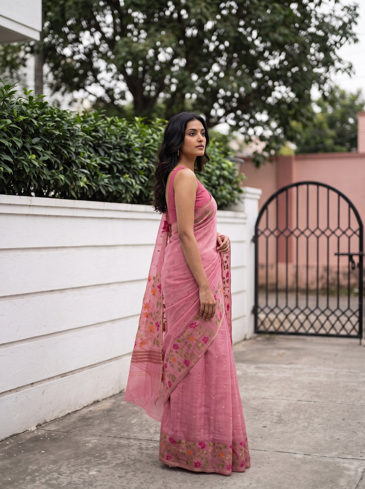 MIMOSA Pink Banarasi Linen Saree — pose 3 styling detail