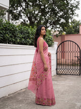 MIMOSA Pink Banarasi Linen Saree — pose 3 styling detail