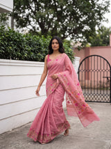 MIMOSA Pink Banarasi Linen Saree — pose 7 styling detail
