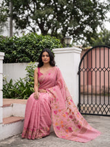 MIMOSA Pink Banarasi Linen Saree — pose 8 styling detail