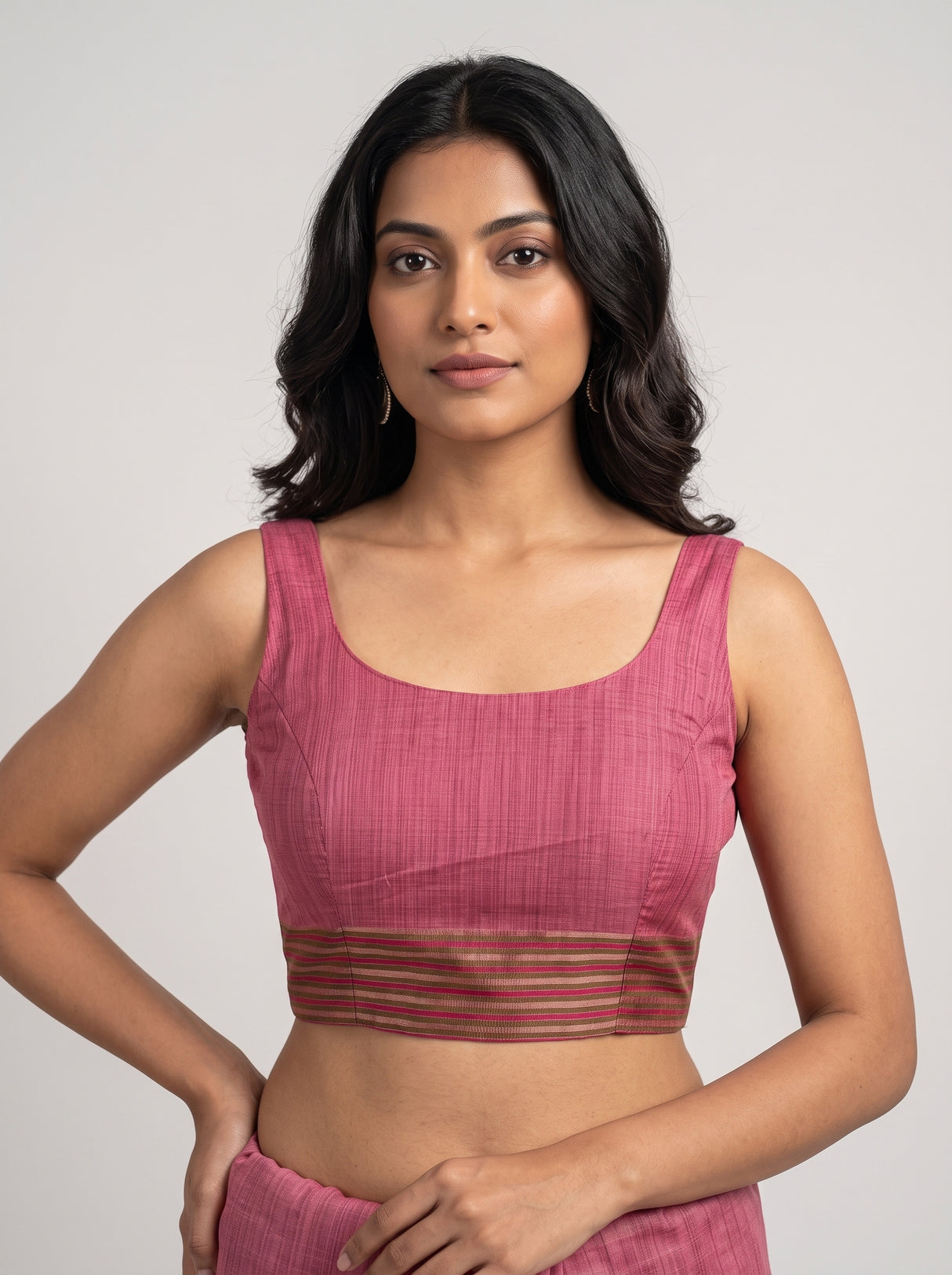 MIMOSA Pink Banarasi Linen Saree — blouse close-up