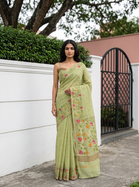 MIMOSA Pista Banarasi Linen Saree — AI Model lifestyle pose