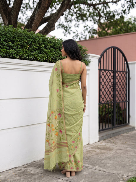 MIMOSA Pista Banarasi Linen Saree — Saree shot pallu body