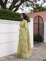 MIMOSA Pista Banarasi Linen Saree — pose 3 styling detail
