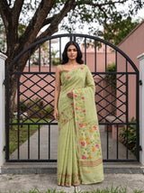 MIMOSA Pista Banarasi Linen Saree — pose 4 styling detail