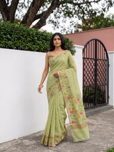 MIMOSA Pista Banarasi Linen Saree — pose 7 styling detail