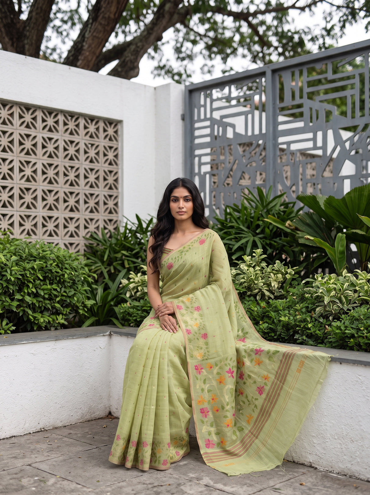 MIMOSA Pista Banarasi Linen Saree — pose 8 styling detail