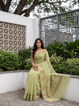 MIMOSA Pista Banarasi Linen Saree — pose 8 styling detail
