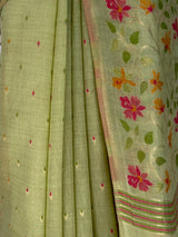 MIMOSA Pista Banarasi Linen Saree — fleets shot full lifestyle