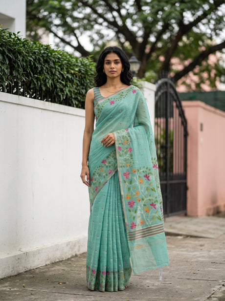MIMOSA Rama Banarasi Linen Saree — AI Model lifestyle pose