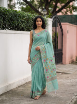 MIMOSA Rama Banarasi Linen Saree — pose 10 styling detail