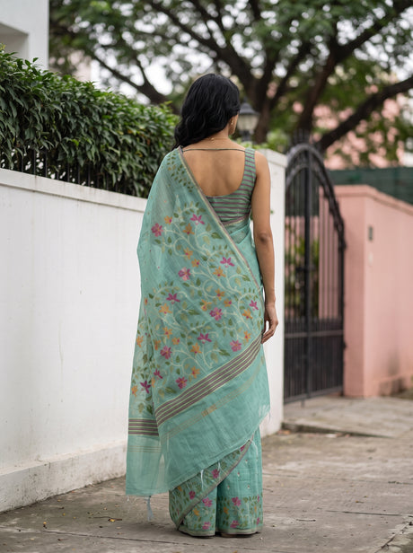 MIMOSA Rama Banarasi Linen Saree — Saree shot pallu body