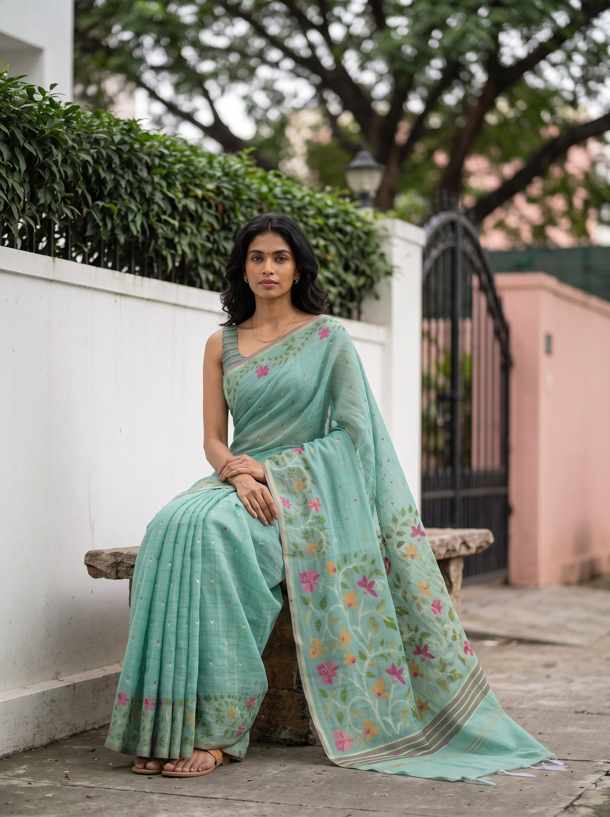 MIMOSA Rama Banarasi Linen Saree — pose 8 styling detail