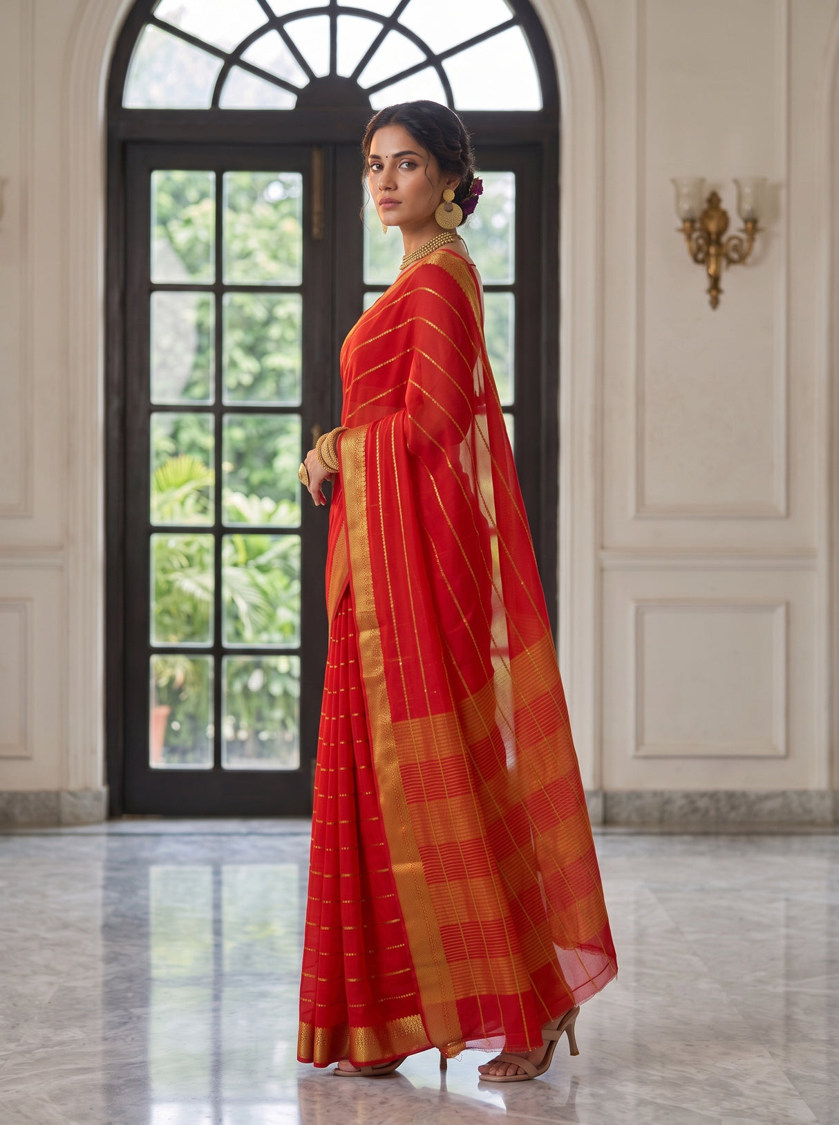 MIMOSA Orange Mysore Silk Crepe Saree — pose 5 styling detail