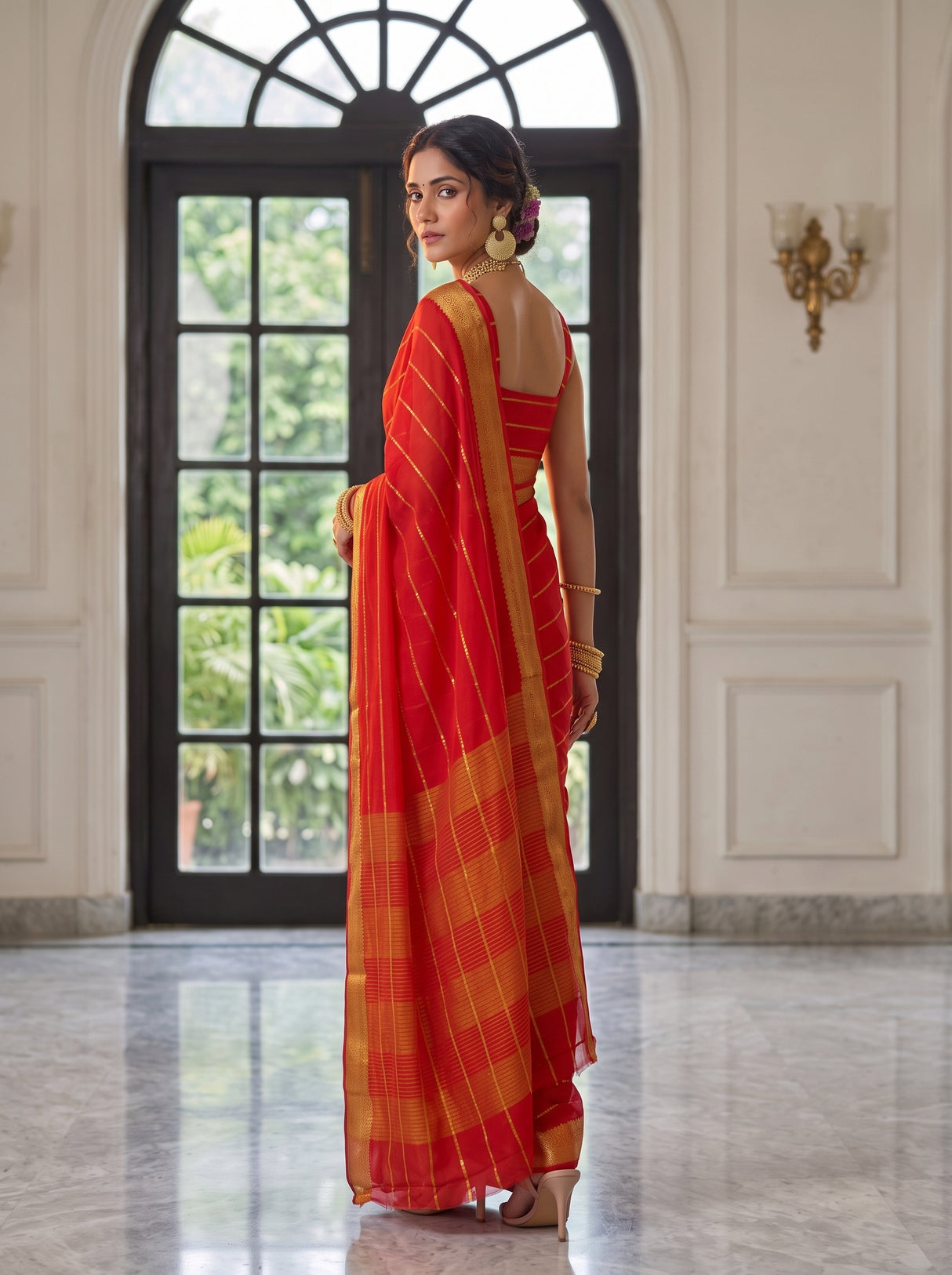MIMOSA Orange Mysore Silk Crepe Saree — pose 7 styling detail