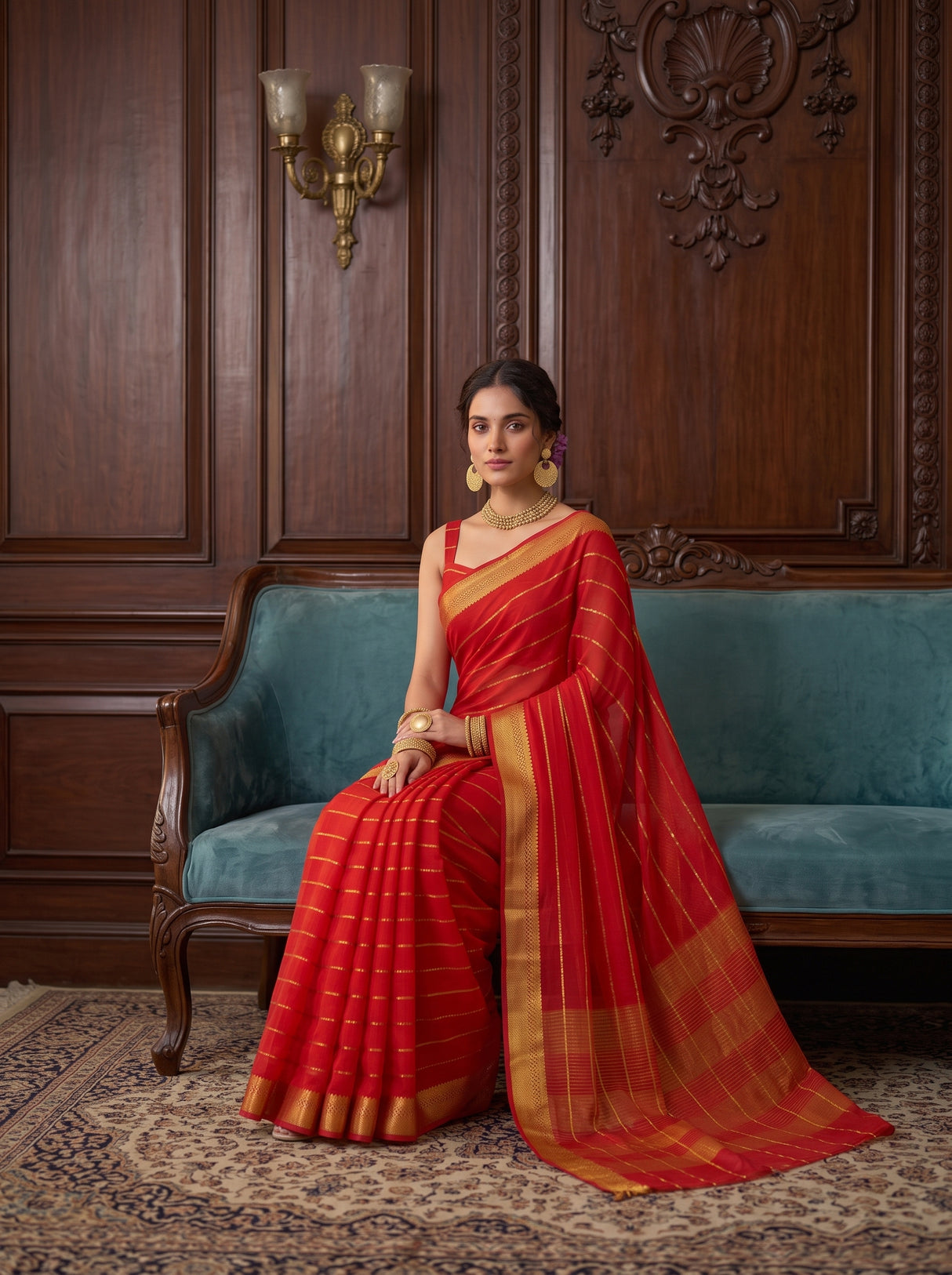 MIMOSA Orange Mysore Silk Crepe Saree — pose 8 styling detail