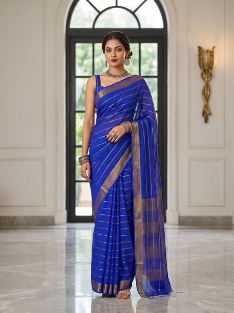 MIMOSA Royal Blue Mysore Silk Crepe Saree — AI Model lifestyle