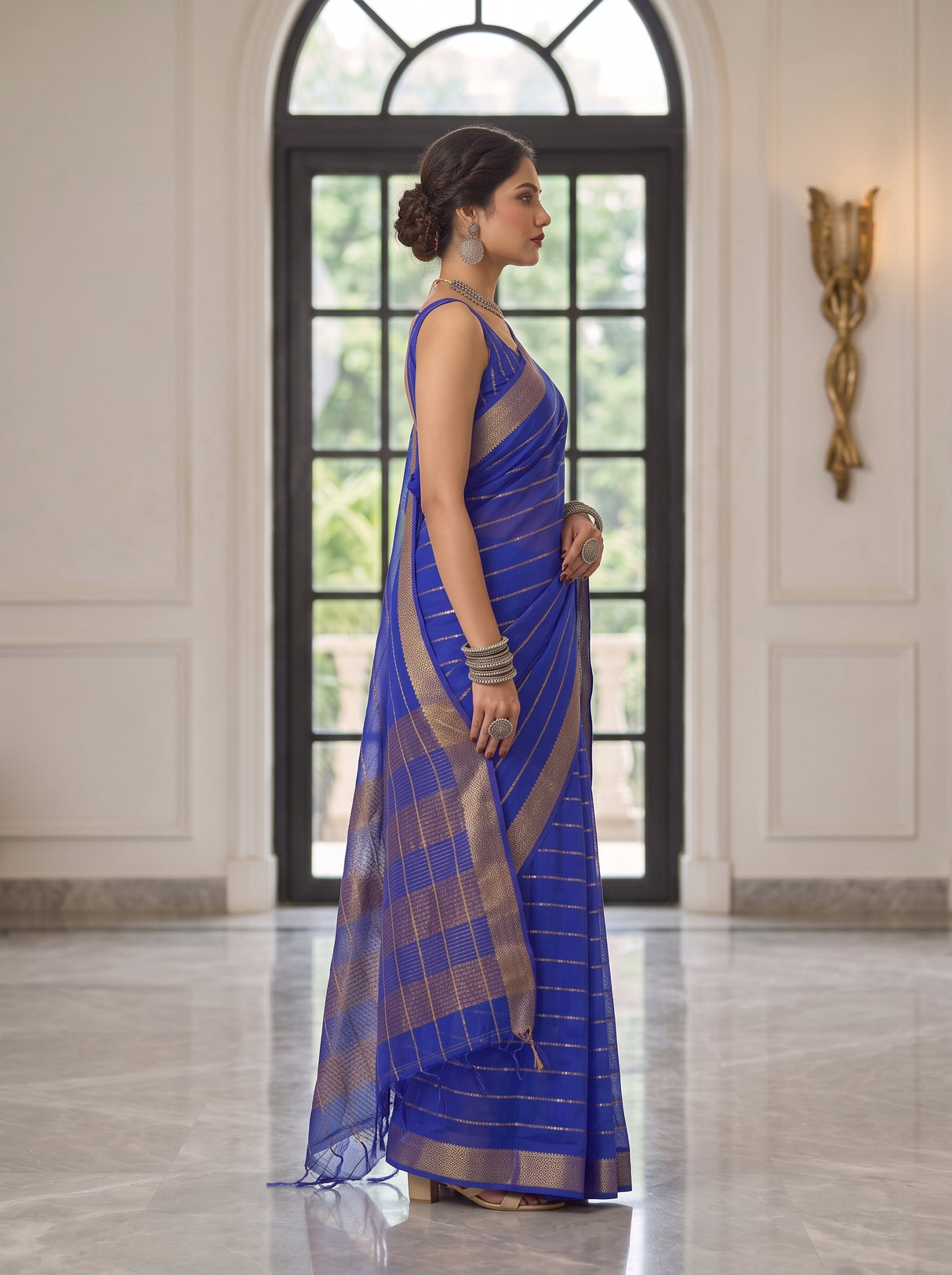 MIMOSA Royal Blue Mysore Silk Crepe Saree — pose 3 styling detail
